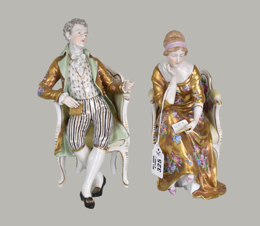 Pair Vintage Dresden "Seated Couple" Reading, Handpainted In Highly Decorated Clothing, 9"h x 7"w (1 of 8)