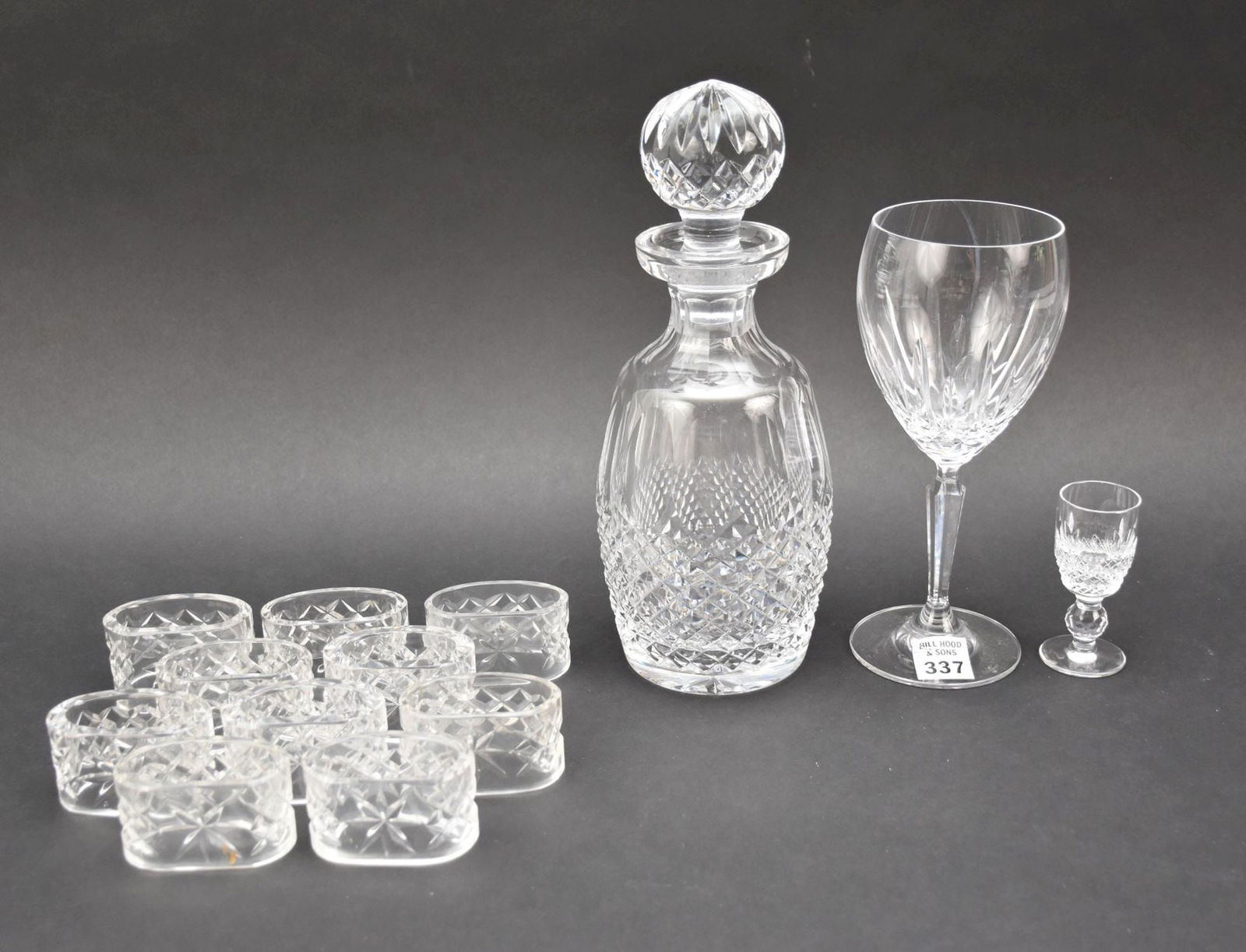10 Waterford Napkin Rings, Wine Goblet, Cordial and Decanter: 10 Waterford Napkin Rings, Wine Goblet, Cordial and Decanter