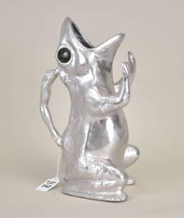 Mid-Century Arthur Court Frog Pitcher w/ Jade Eyes - c. 1979. Aluminum frog-form pitcher with green: Mid-Century Arthur Court Frog Pitcher w/ Jade Eyes - c. 1979. Aluminum frog-form pitcher with green jade eyes. Marked on underside of base "Arthur Court Copyrighted 197?". 11 1/2" h.