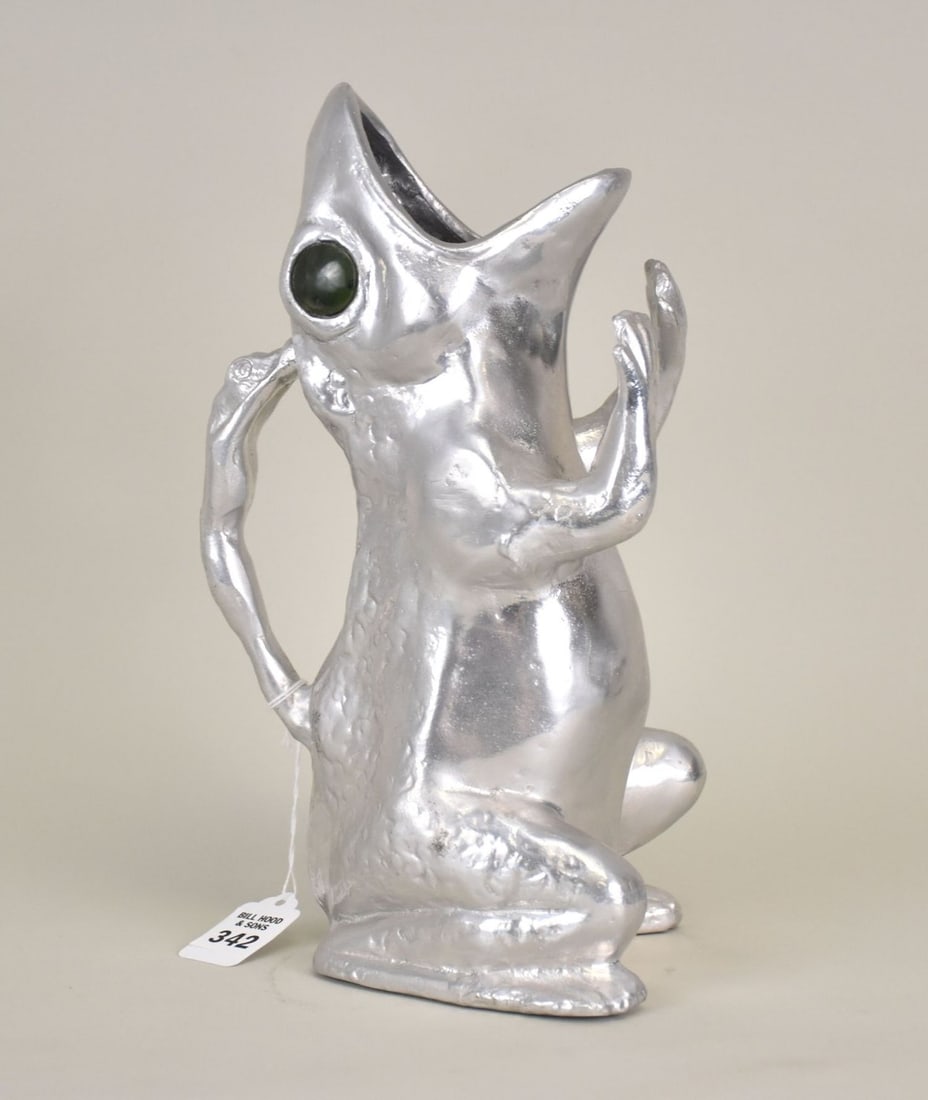 Midcentury Arthur Court Frog Pitcher W/ Jade Eyes C. 1979. Aluminum
