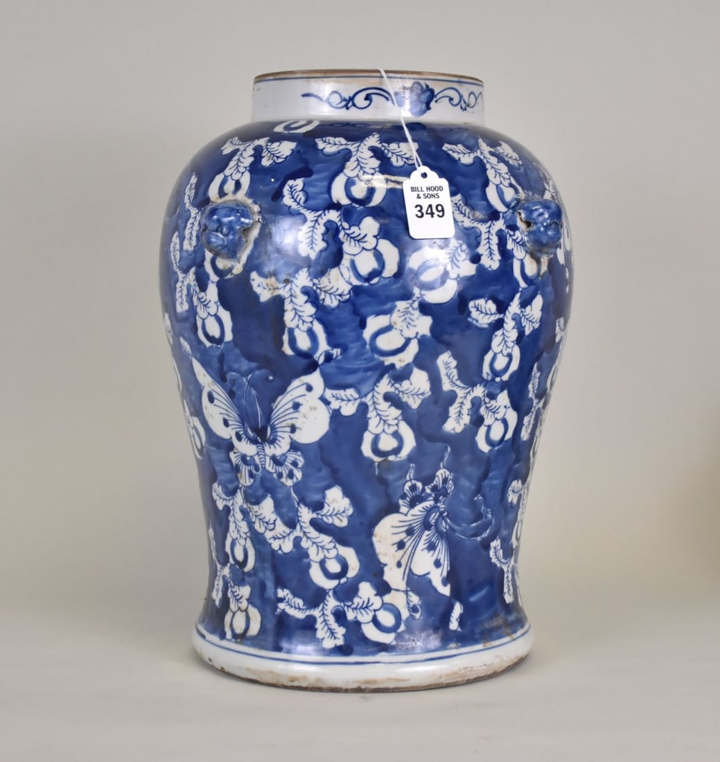 Chinese Blue & White Porcelain Jar Florals & Butterflies - A large jar with blue underglaze (1 of 8)