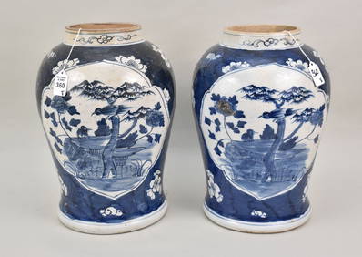 Pair Chinese Blue & White Porcelain Jars - A pair of large porcelain jars decorated with dark cobalt (1 of 6)