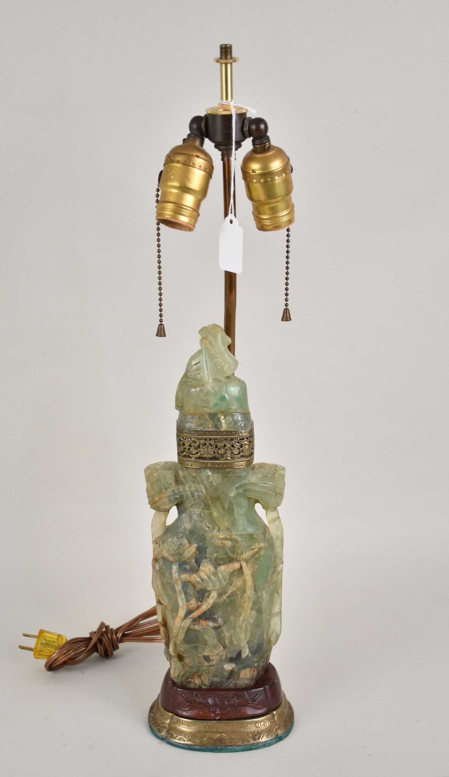 Chinese Green Quartz Urn Mounted as a Lamp - A vintage carved green quartz urn with a carved wood (1 of 5)