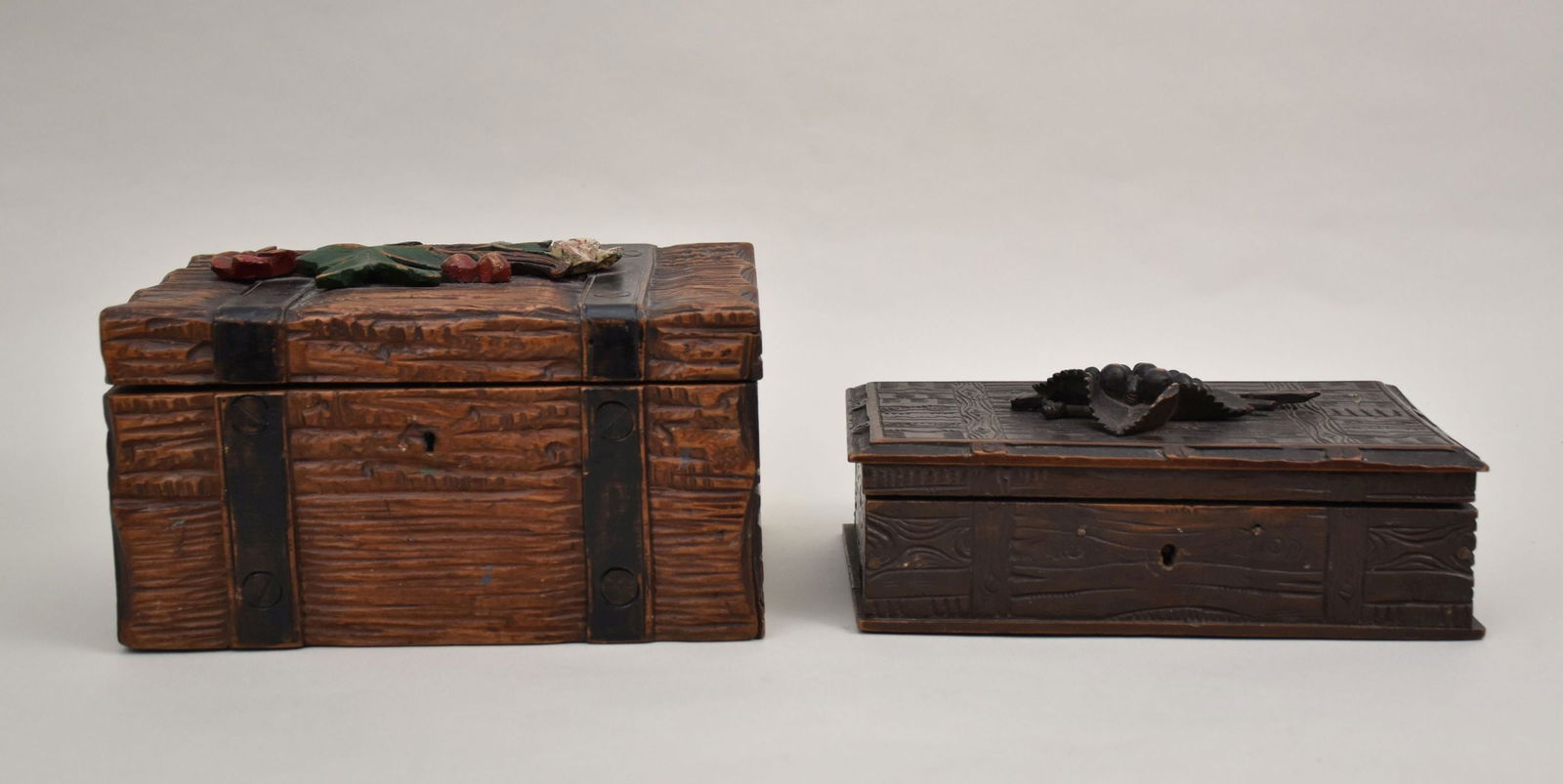 2 Antique Boxes, Carved Floral & Grape Designs On Boxes AND Black Forest, 9" x 6" x 5" largest (1 of 7)