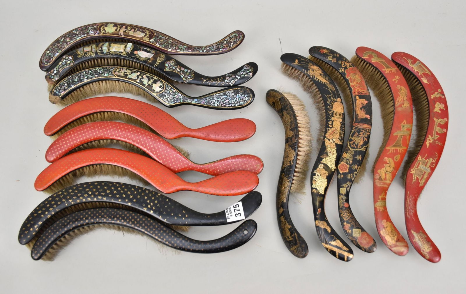 Collection of French Antique Lacquered Brushes or Crumbers: Collection of French Antique Lacquered Brushes or Crumbers