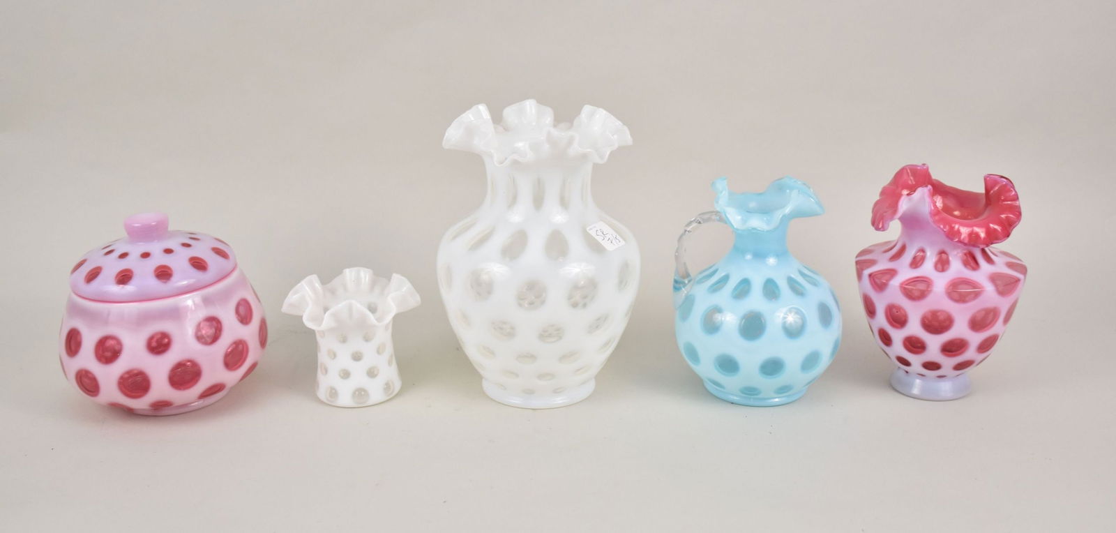 American "Coin Dot" Fenton, Ruffled Rim Vases and One Covered Jar, 9"h x 6"w largest (1 of 4)