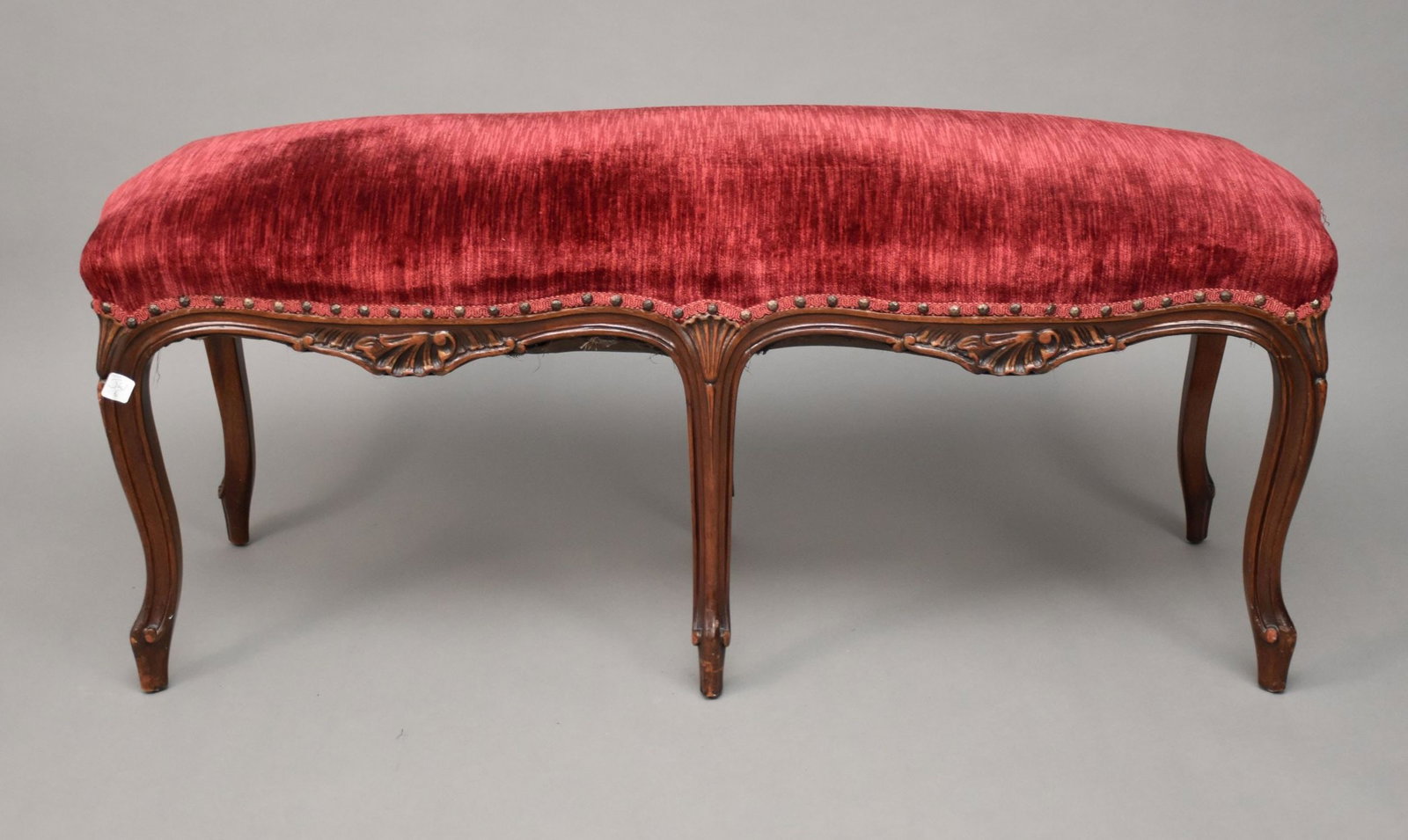 Red Velvet French Fame Carved Bench, 19"h x 48"w x 19"d: Red Velvet French Fame Carved Bench, 19"h x 48"w x 19"d