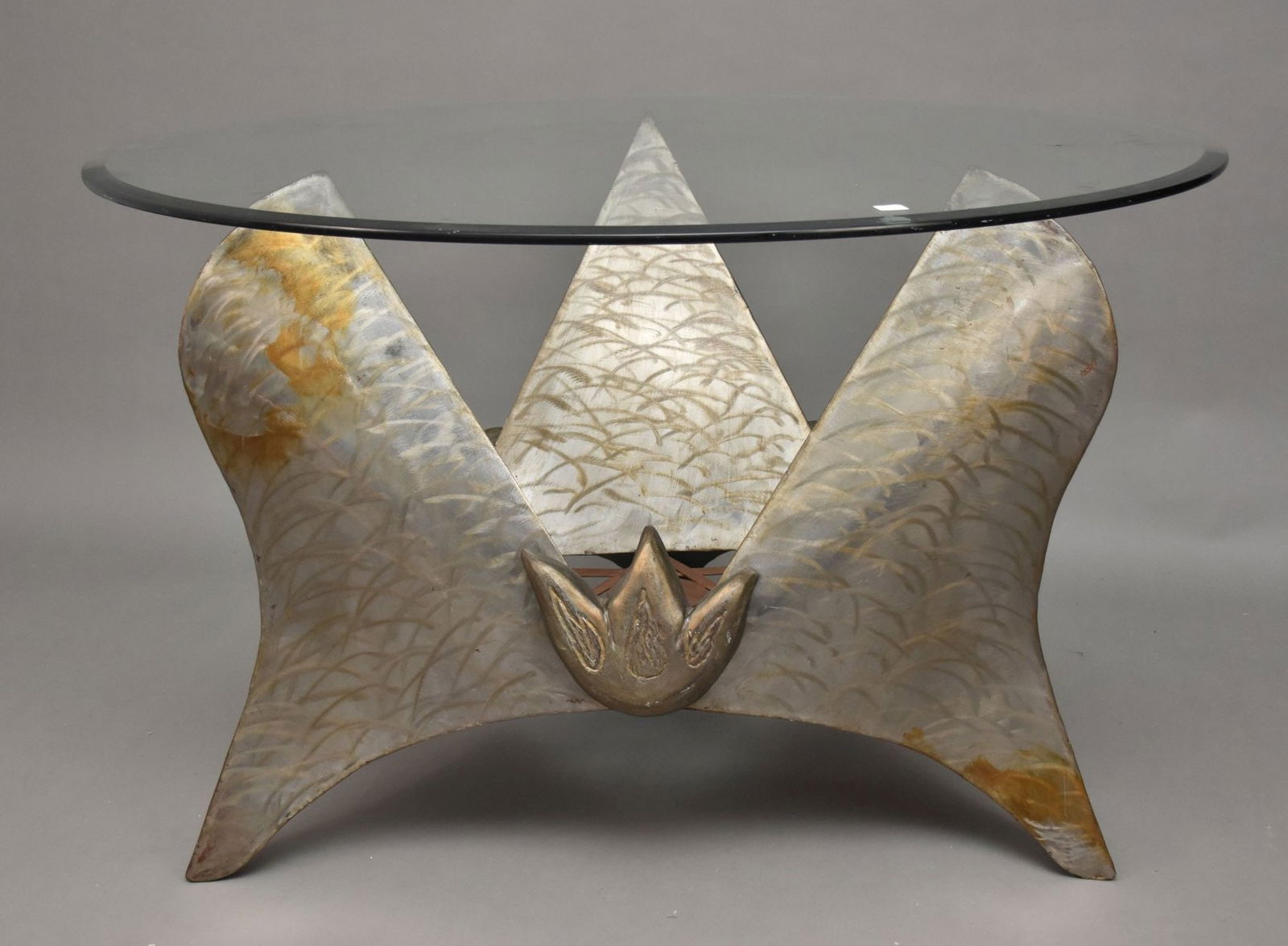 Abstract Metal Coffee Table with Glass Top, Signed Illegibly (1 of 10)