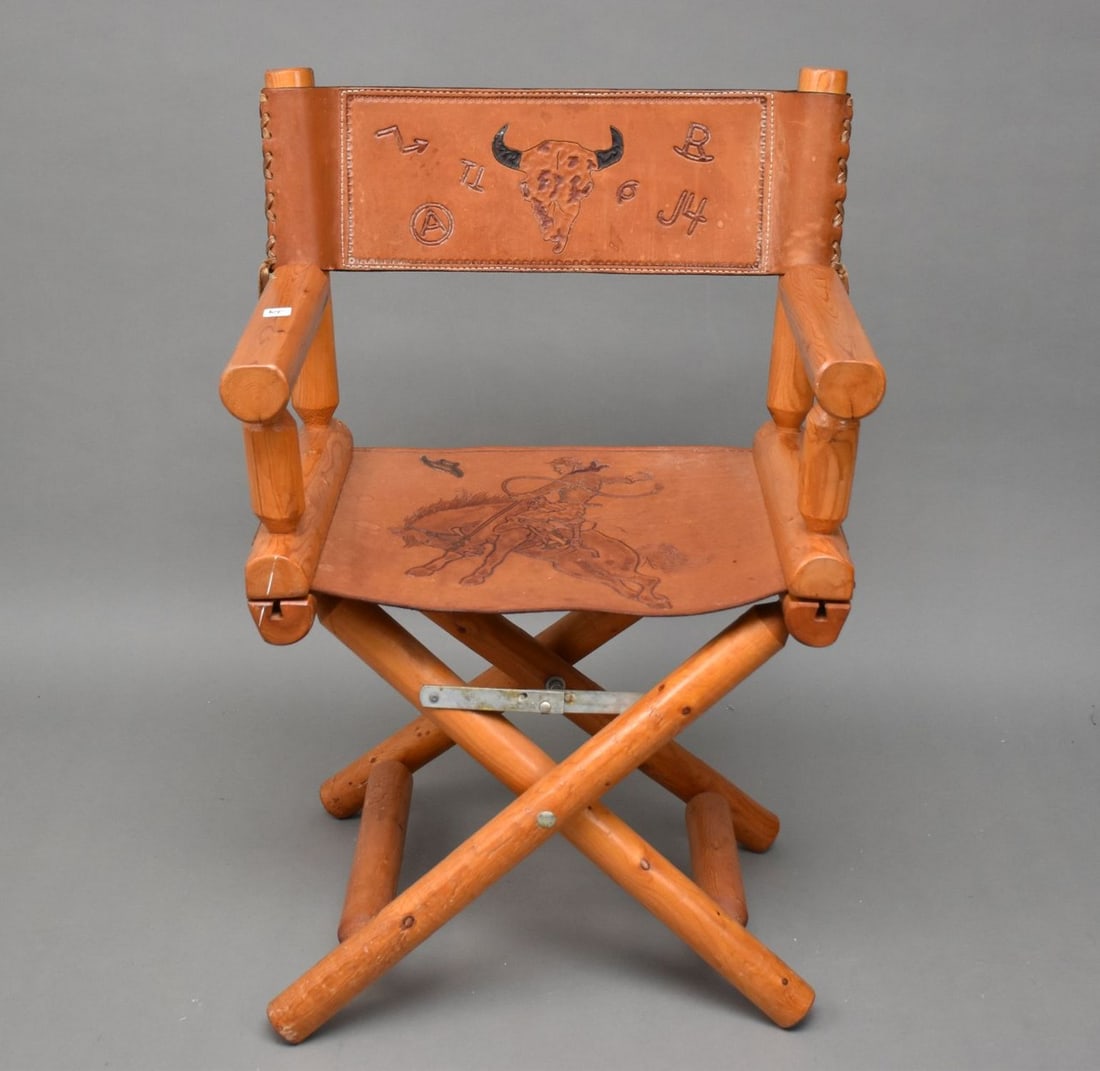 Log Frame Director Style Chair, Tooled Leather Seat & Back, Cowboy Motif, 36"h x 23"w x 17"d (1 of 8)