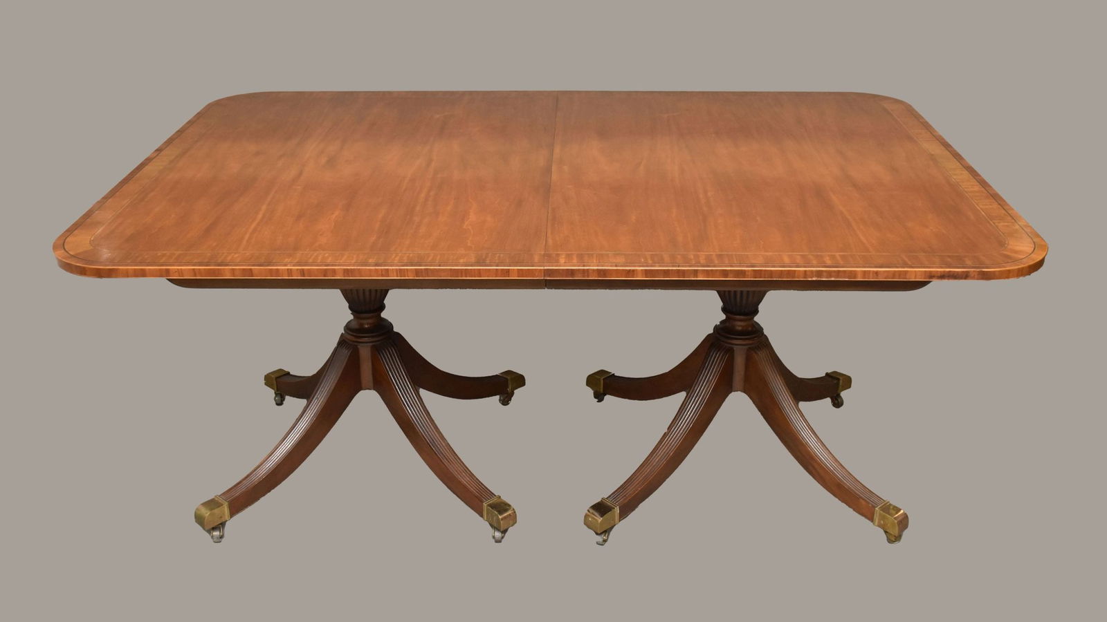 Baker Mahogany Table, Banded Double Pedestal, 29"h x 68"w x 47"d (one leaf) (1 of 8)