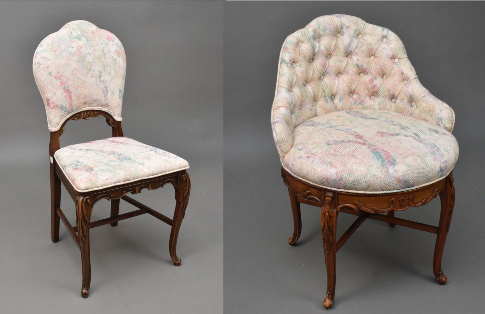2 Chairs, matching upholstery, diminutive carved side chair and swivel vanity chair (1 of 8)
