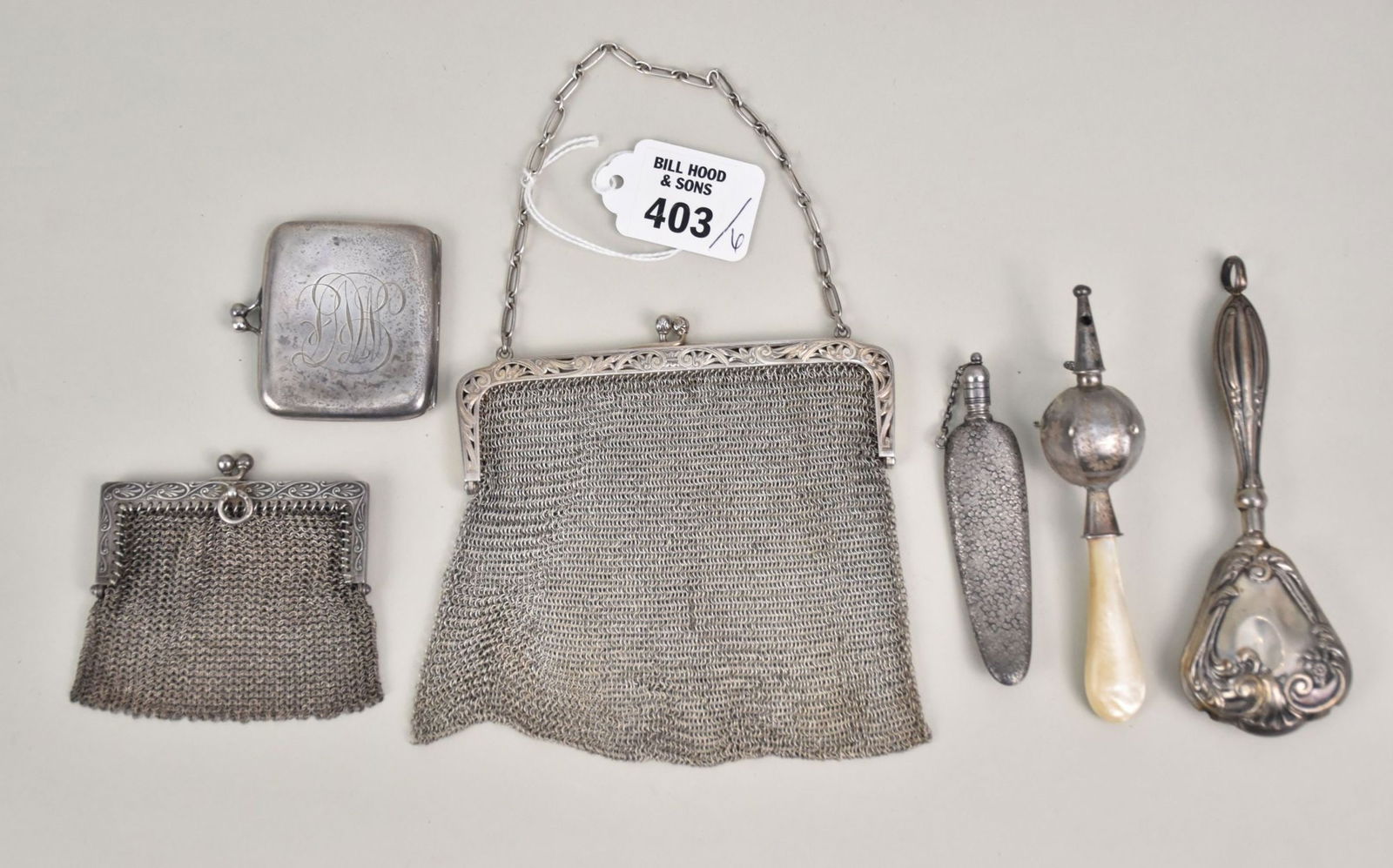 Sterling Silver Lot, Mesh purses, Pill case, 2 rattles and perfume case. Wt 220 grams Size 2" - 5" (1 of 5)