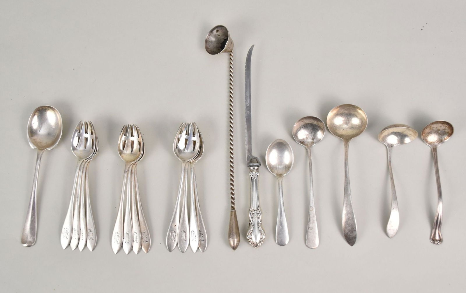 Sterling Silver Flatware Lot. 12 grapefruit Spoons monogrammed, 6 spoons, 1 Candle snuffer and 1 (1 of 3)