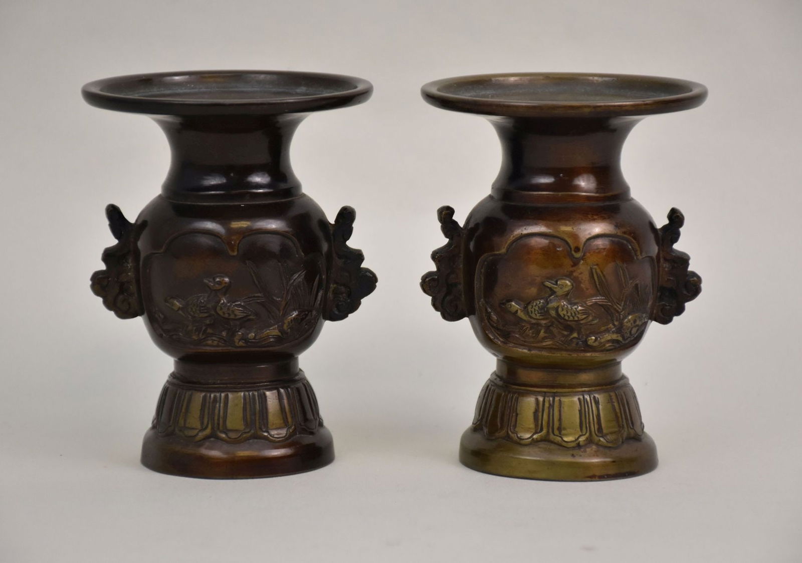 Pair Japanese Bronze Meiji Vases, 5"h (1 of 5)