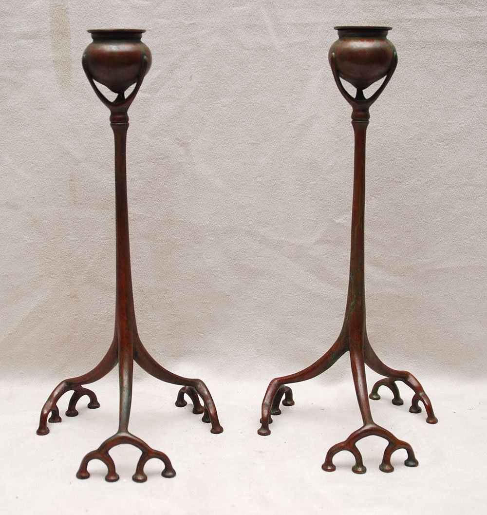 Pair of bronze Tiffany Studios "Root" candlesticks,: Pair of bronze Tiffany Studios "Root" candlesticks, 12"h
