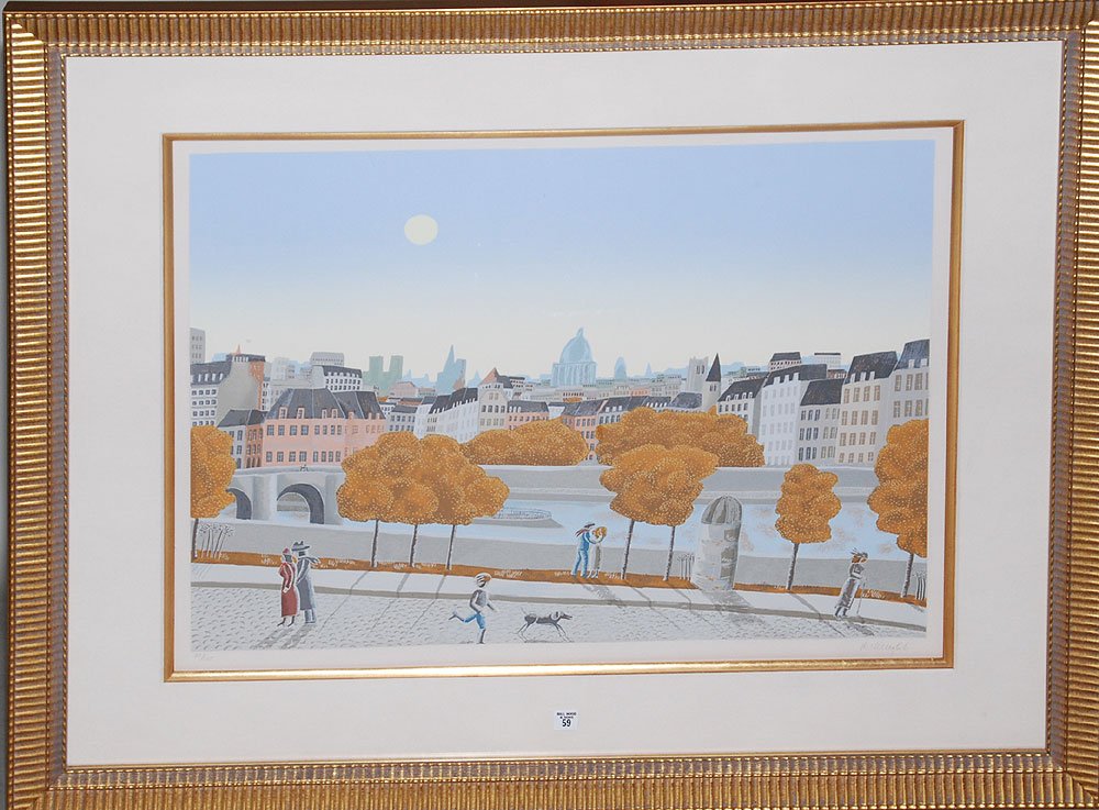 Thomas Frederick McKnight (American, 1941), "Town V: Thomas Frederick McKnight (American, 1941), "Town View", . Framed color Serigraph on paper pencil signed McKnight lower right, Signed and numbered 83/175. Height= 25(in), Width= 32(in)