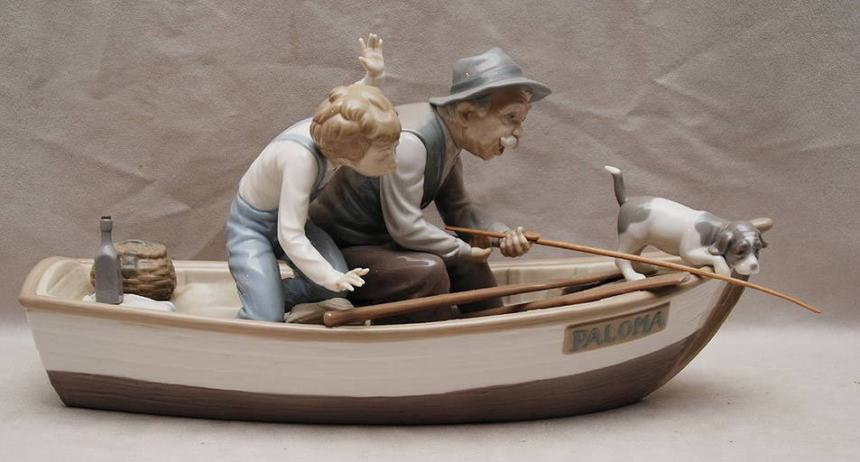 Lladro "grandpa", Fishing With Boy In Boat, 15"l X