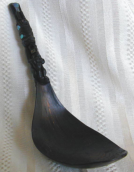 NORTHWEST COAST INDIAN HORN & ABALONE SPOON A finel: NORTHWEST COAST INDIAN HORN & ABALONE SPOON A finely carved Northwest Coast Indian horn and abalone shell spoon with copper, carved with numerous human and animal totem figures; possibly Haida or Tlin