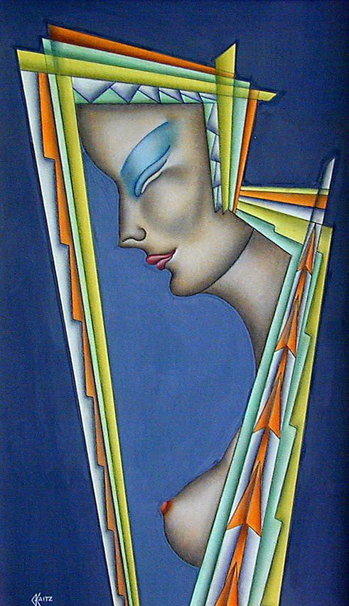 GUSTAV KAITZ (AMER. 1913-1992) SENSUAL ART DECO PAI: GUSTAV KAITZ (AMER. 1913-1992) SENSUAL ART DECO PAINTING A fine and dramatic female nude figural portrait in opaque watercolor with Art Deco zig zag flair and color by the renowned American Art Deco a