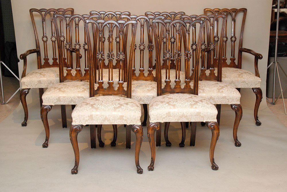 Set of 9 dining chairs, mahogany ribbon back with: Set of 9 dining chairs, mahogany ribbon back with ivory silk brocade with upholstered seats, 2 arm chairs and 7 side