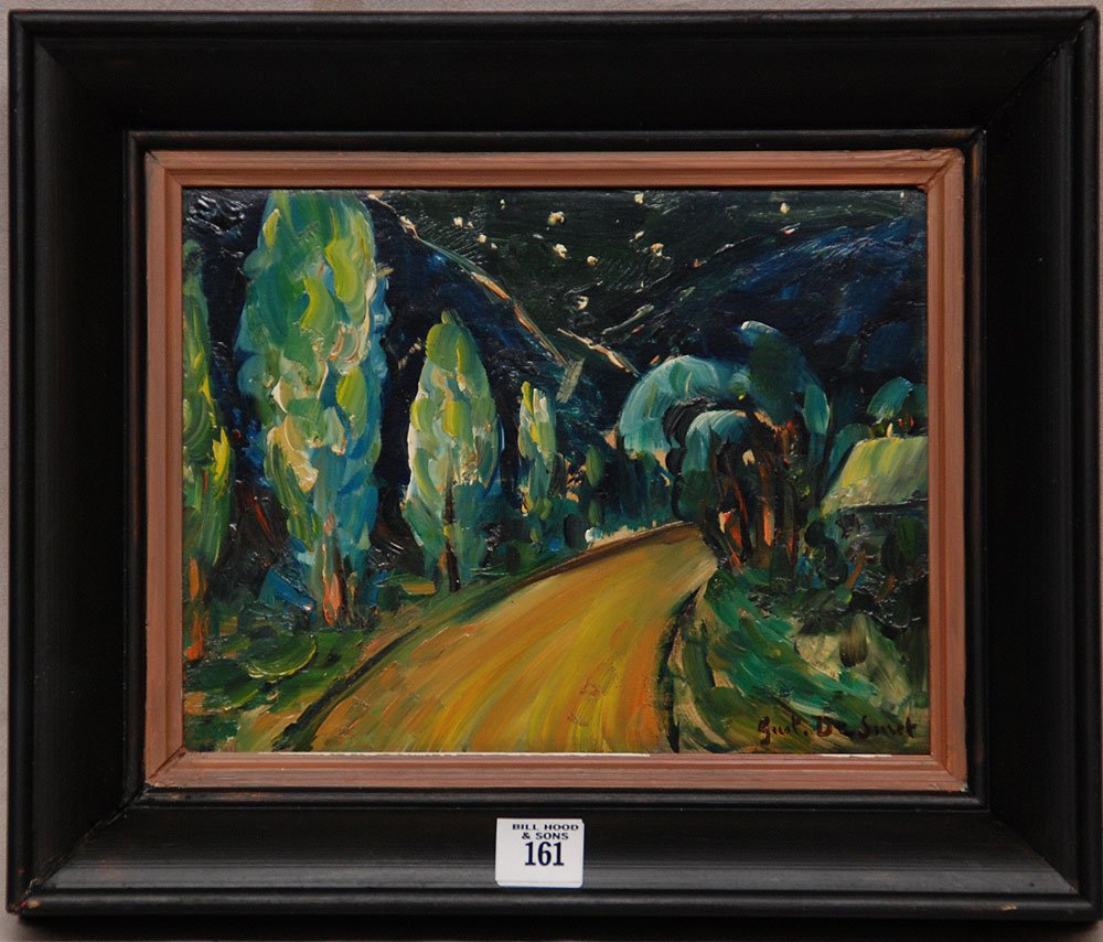 Gustave de Smet (BELGIAN, 1877-1943) oil on panel,: Gustave de Smet (BELGIAN, 1877-1943) oil on panel, Trees & Road view night scene, 9-1/4" x 6-3/4"