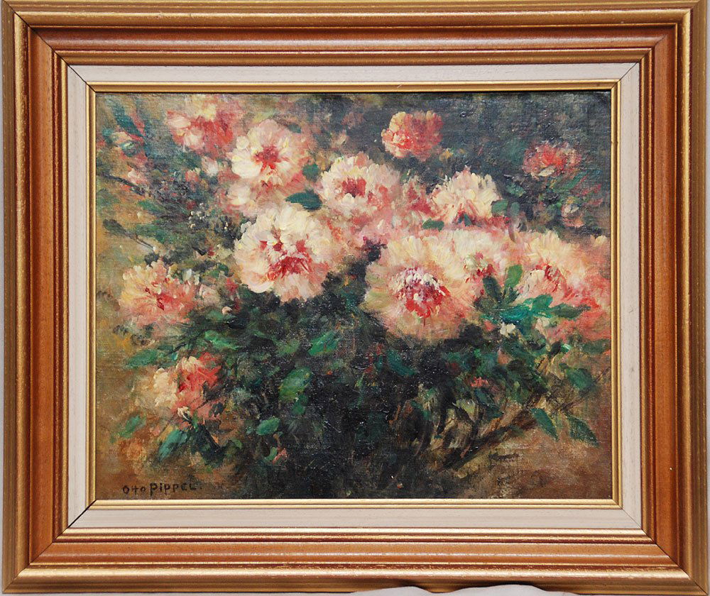 Otto Eduard Pippel (GERMAN, 1878-1960) oil on canv: Otto Eduard Pippel (GERMAN, 1878-1960) oil on canvas laid on board, Still Life Roses, 15" x19"