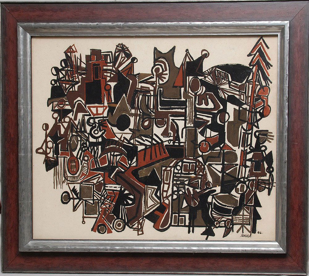 Sonja Sekula (AMERICAN/SWISS, 1918-1963) Gouache,: Sonja Sekula (AMERICAN/SWISS, 1918-1963) Gouache, "Native Village" 22" x 29"