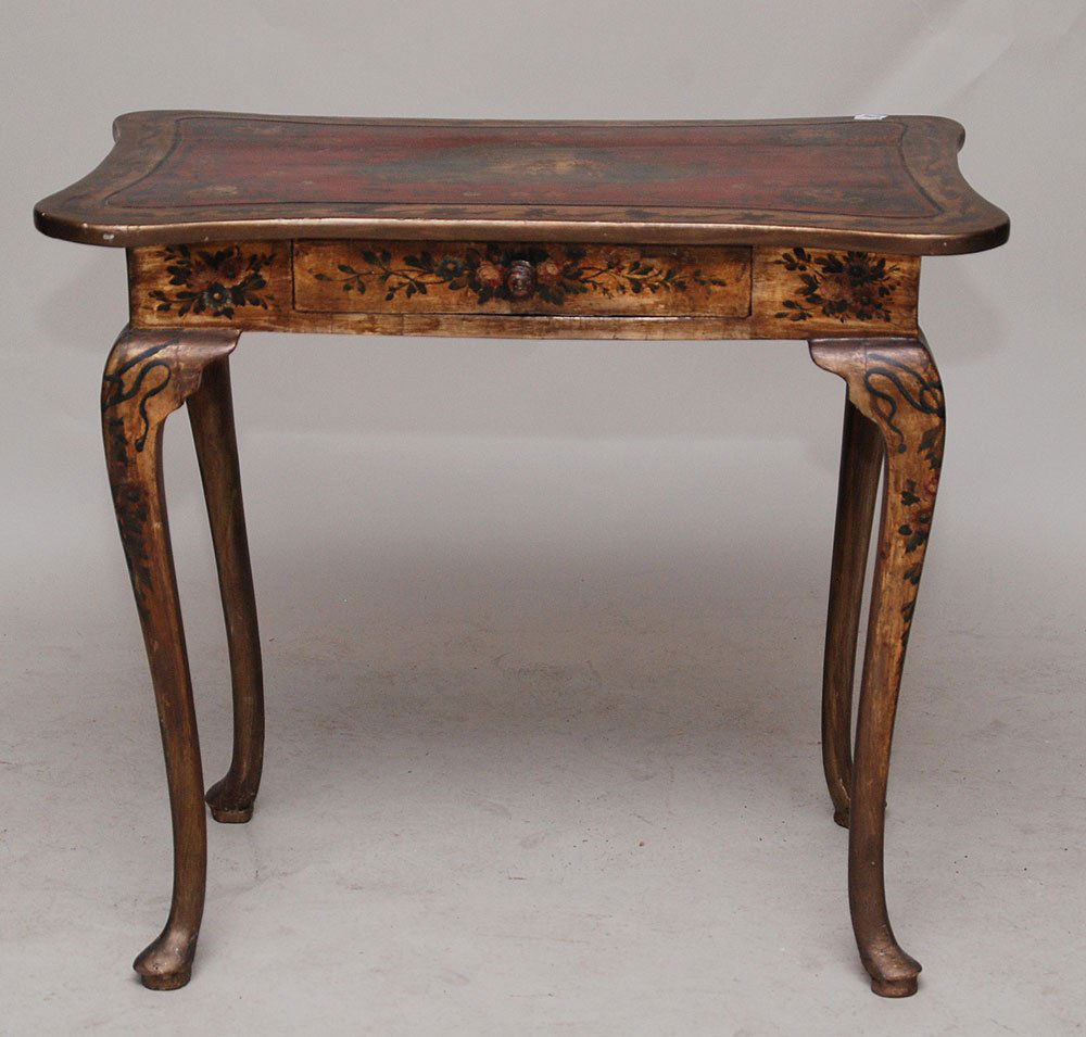 Italian hand painted tea table with single drawer,: Italian hand painted tea table with single drawer, 26"h x 29"w x 18"d