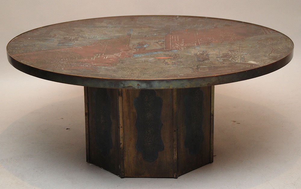 Philip Kelvin Laverne round coffee table, signed,: Philip Kelvin Laverne round coffee table, signed, 17 1/2"h x 40"dia