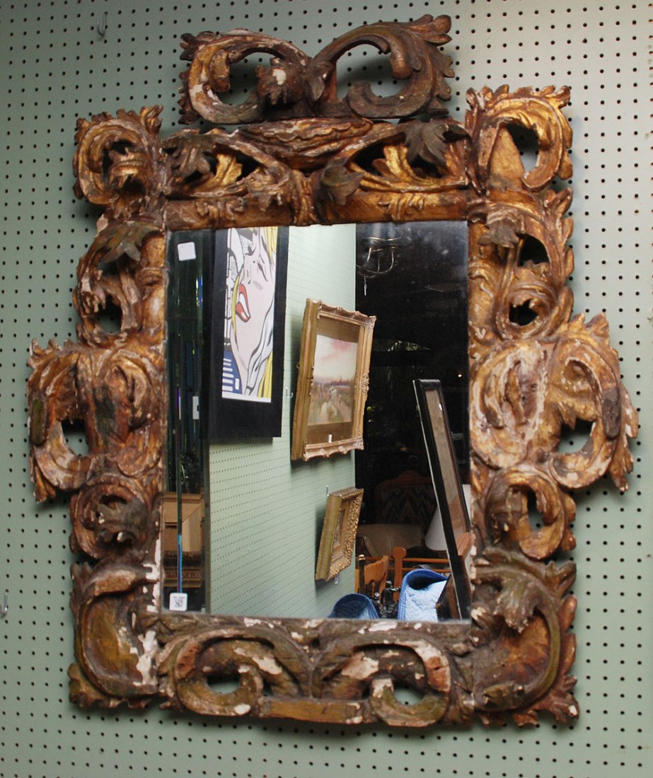 Rococo mirror, 18th century continental frame, mis: Rococo mirror, 18th century continental frame, missing sections, 43"h x 38"w