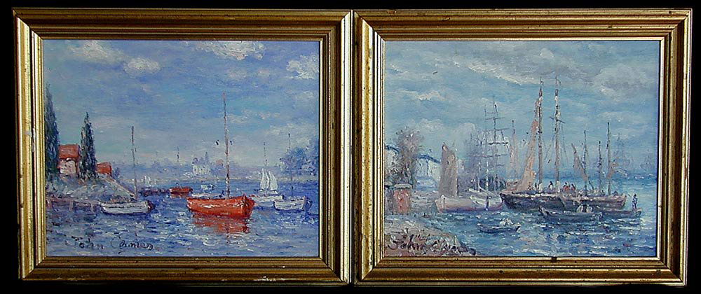 JOHN CLYMER (BRITISH B. 1932) PR SEASCAPE OILS A p: JOHN CLYMER (BRITISH B. 1932) PR SEASCAPE OILS A pair of oils on canvas by the 20thC British artist JOHN CLYMER depicting city and town harborscenes; each image size is 8" x 10", both are signed John