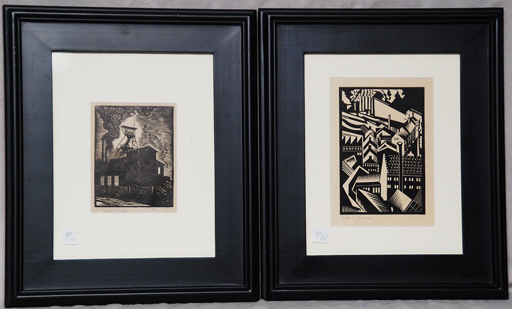 5 Industrial scene wood block prints, 4 by Sc. E. : 5 Industrial scene wood block prints, 4 by Sc. E. M. Washington ca. 1930, one by Moro 1932. Various sizes approx. 6" x 8"