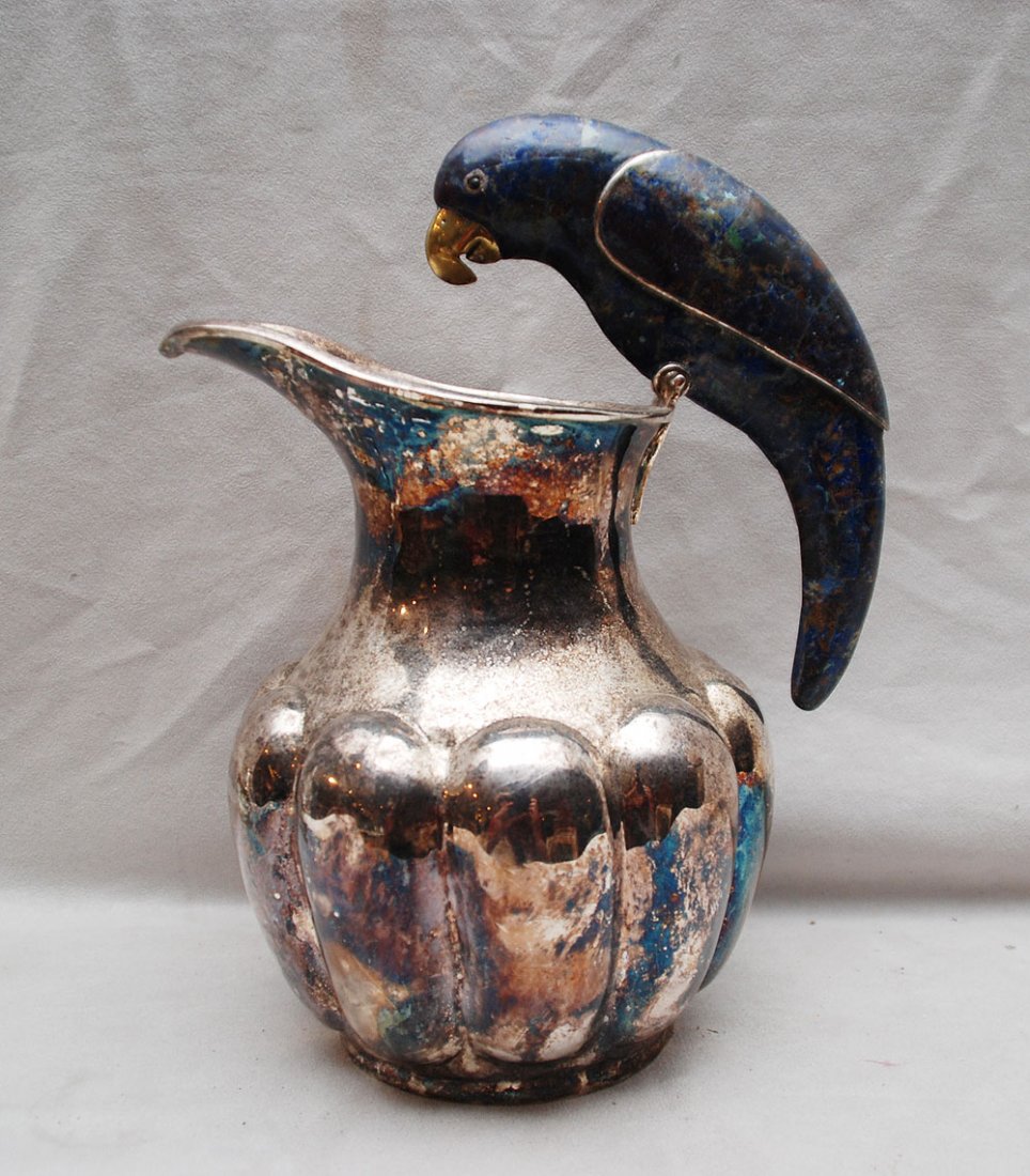 Los Castillo Taxco Mexican pitcher with lapis bird: Los Castillo Taxco Mexican pitcher with lapis bird handle, 11"h