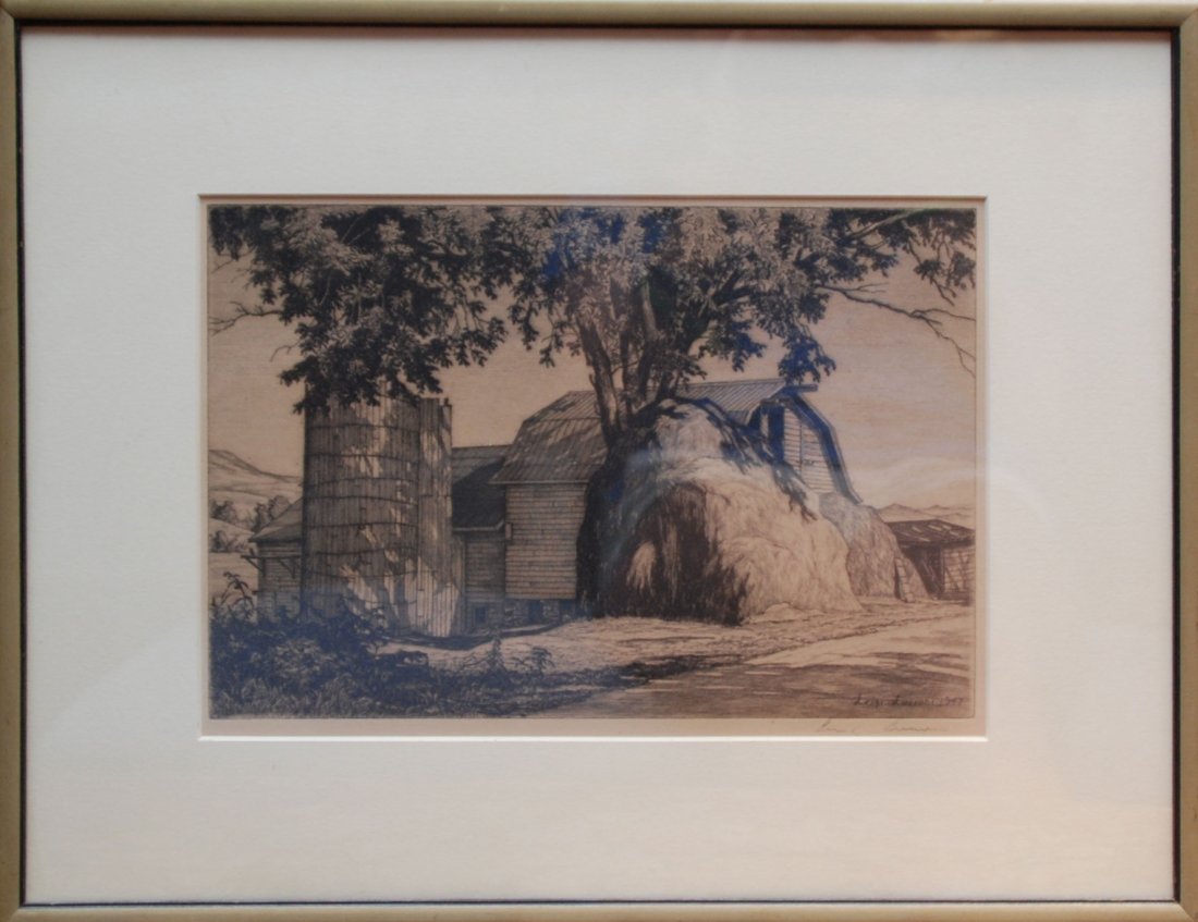 2 Etchings Luigi Lucioni & Kathe Kollwitz: 2 Etchings sold together; Luigi Lucioni (AMERICAN/ITALIAN, 1900-1988) The big Haystack- 1947 & Kathe Kollwitz (German 1867-1945) "Junges Paar" (young couple) 1904- Etching in brown (Felsing, Berlin)