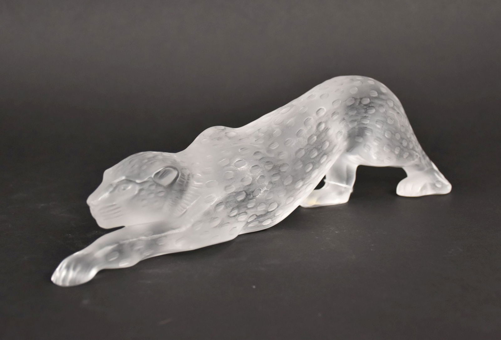 Lalique ZEILA PANTHER Crystal Sculpture - France. Clear Satin crystal sculpture depicting a large (1 of 6)