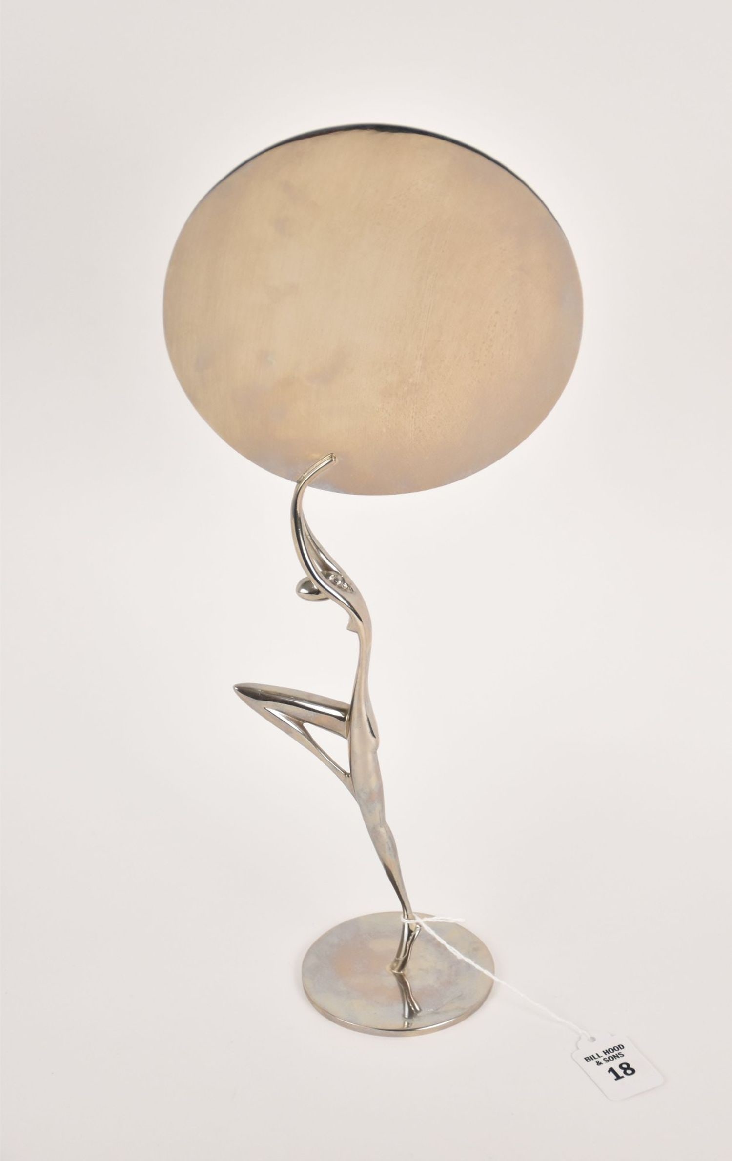 Karl Hagenauer (Austrian, 1898-1956) Figural Table Mirror, c. 1930 - Austria. A nickel bronze table: Karl Hagenauer (Austrian, 1898-1956) Figural Table Mirror, c. 1930 - Austria. A nickel bronze table mirror with an Art Deco female nude dancer holding up the mirror disk. Signed "Hagenauer Wien" and W