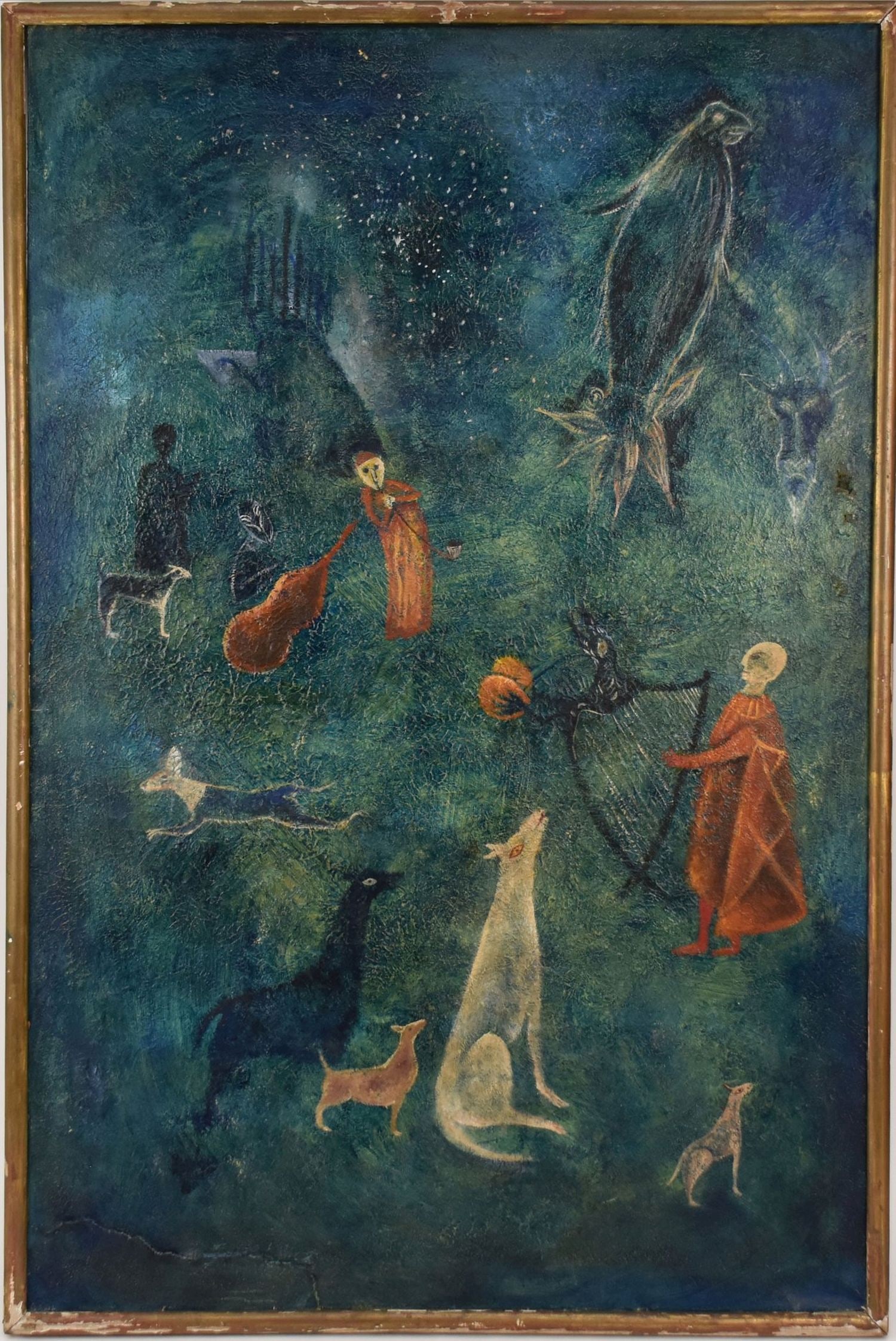 Primitive oil, painting, surrealistic folk-art style Painting not identified, no visible signature (1 of 6)