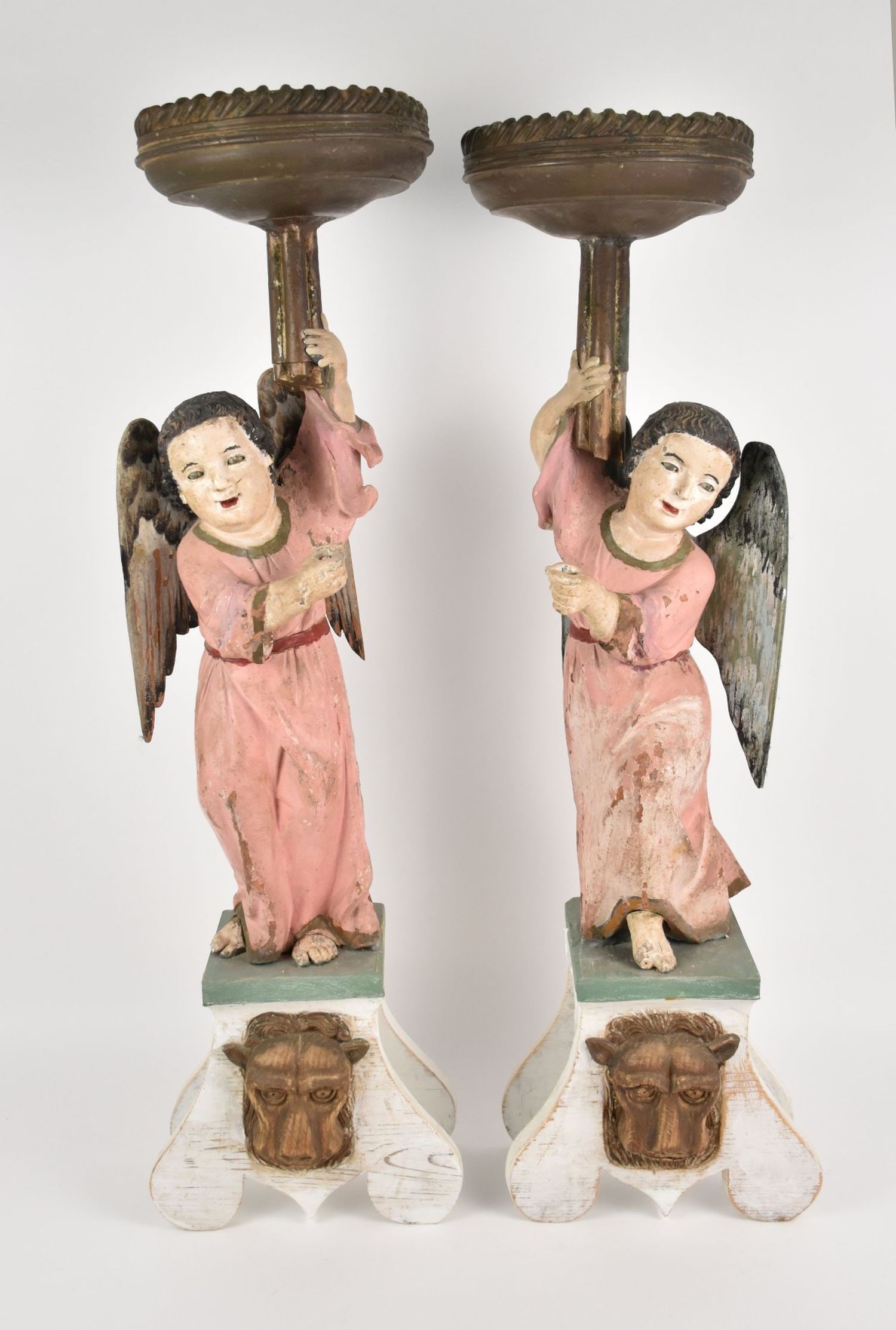 Pair European 19th c. Painted & Carved Angels, Holding Large Tin Candleholders Mounted Probably on (1 of 10)