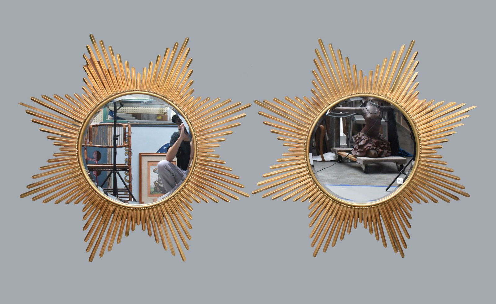 Pair Gilt Metal Starburst Framed Mirror, 44"h x 42"w (1 of 7)