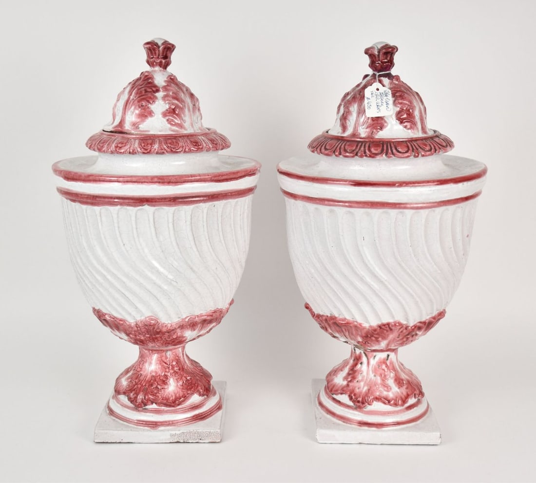 Italian Faience Covered Urns, White Glaze Red Accents, 20"H x 10"w (1 of 8)