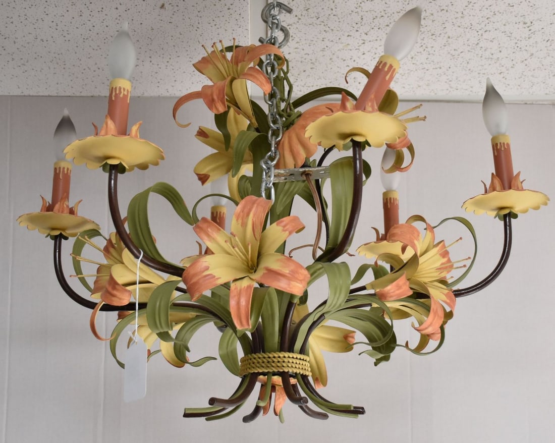 1970's Lily Design Metal Chandelier, Approx. 21"h x 28"w: 1970's Lily Design Metal Chandelier, Approx. 21"h x 28"w