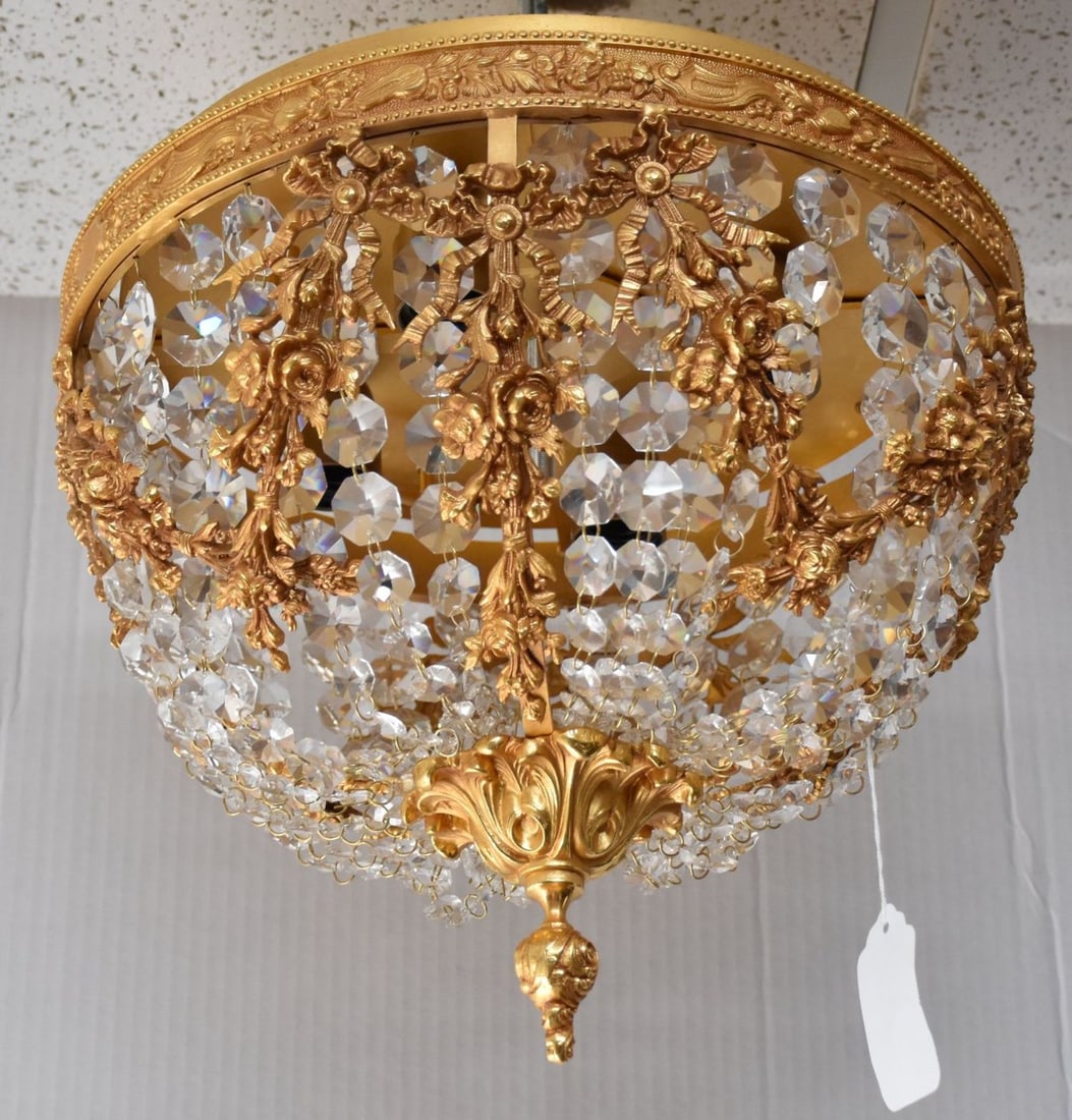 Small Metal Crystal & Dore Bronze Light Fixture, Approx. 12"h x 15"w (1 of 6)