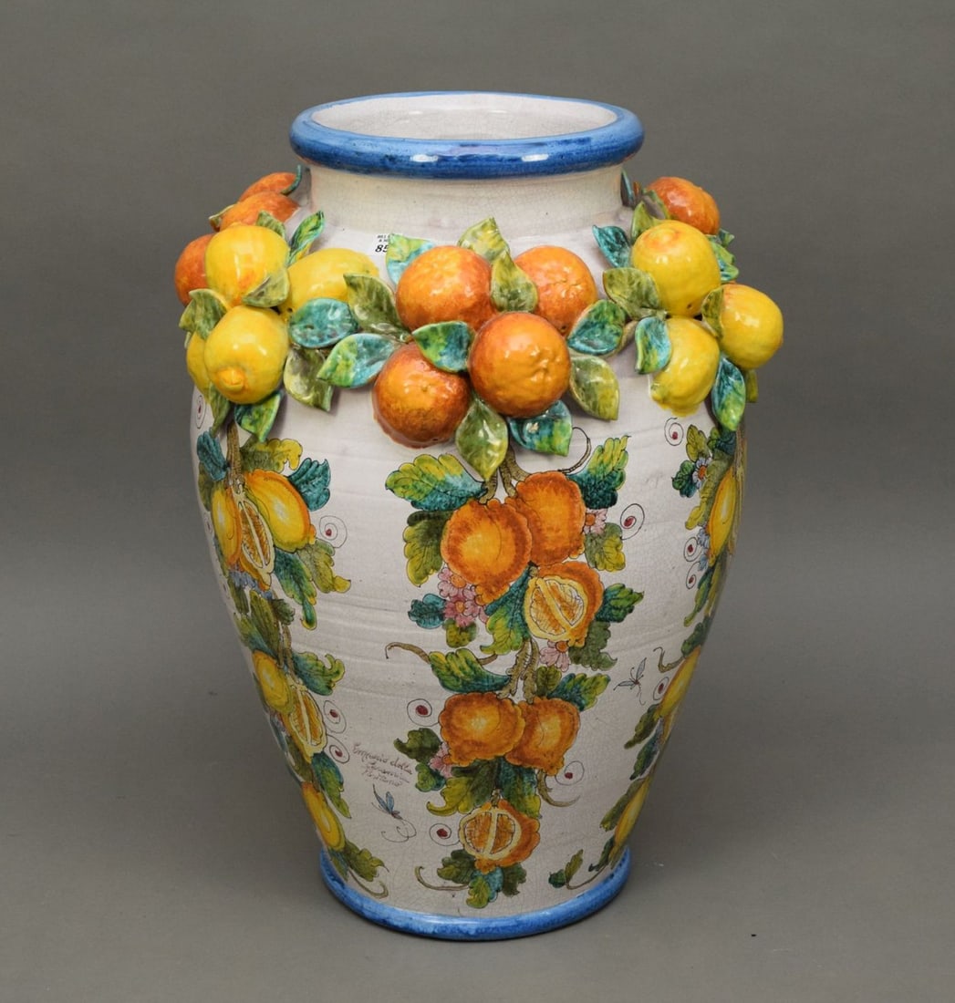 Oversized Italian Jardiniere, Applied Lemons & Oranges, 30"h (some broken pcs.): Oversized Italian Jardiniere, Applied Lemons & Oranges, 30"h (some broken pcs.)