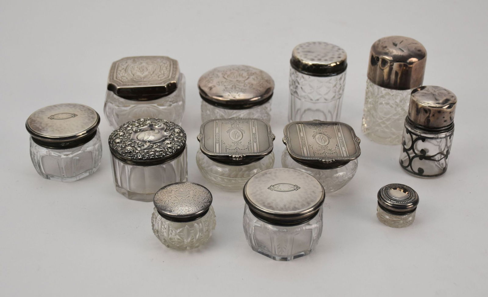 12 Assorted Sized Antique Dresser Jars with Sterling Tops (1 of 17)