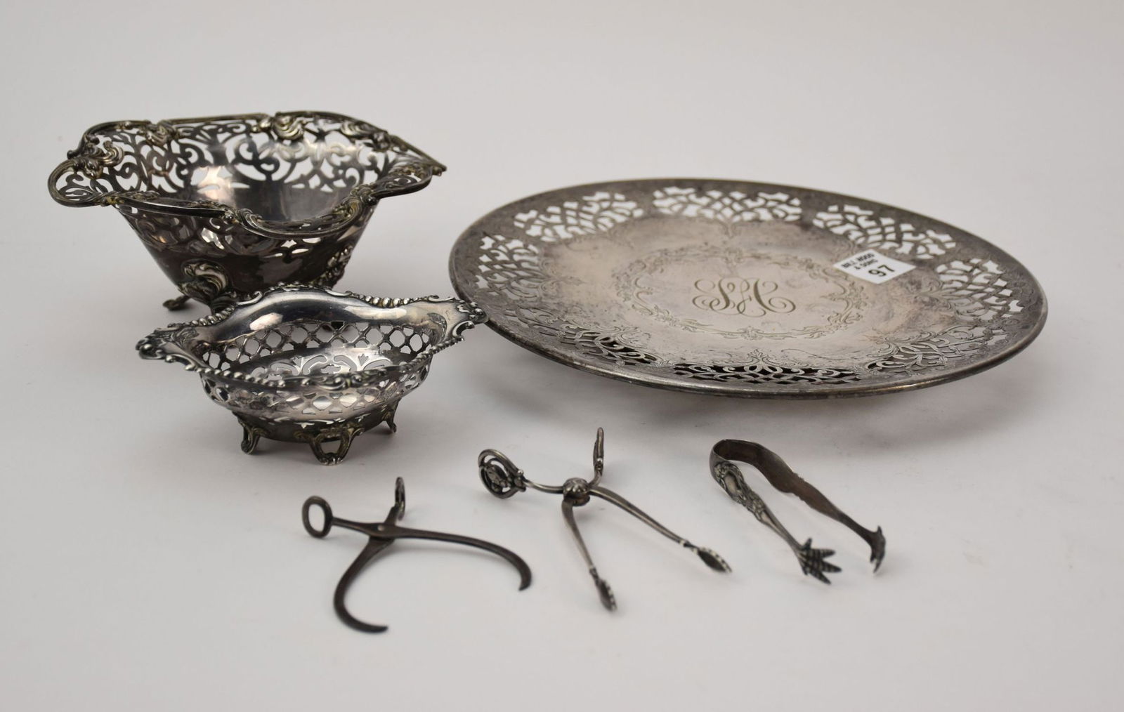 6pc. Sterling, Theodore Starr Monogram Plate, Black Starr & Frost Reticulated Basket, Gorham Candy (1 of 14)