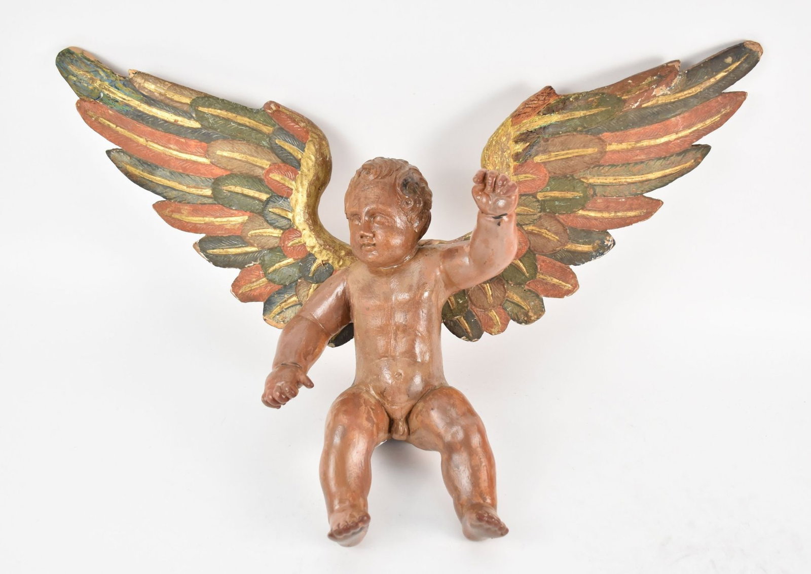 Carved Angel with Multi Color Exaggerated Wings, 33"h x 5 1/2"w: Carved Angel with Multi Color Exaggerated Wings, 33"h x 5 1/2"w