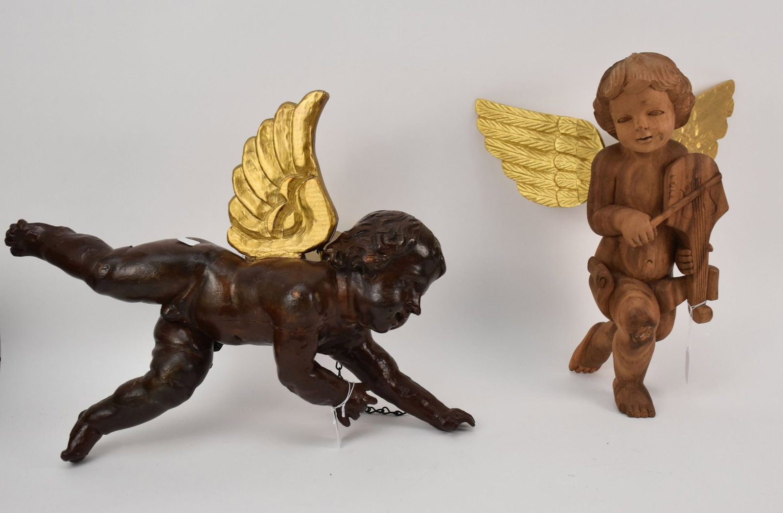 2 Continental Carved Angels Each With Gilded Wings, Natural Wood Bodies, 20"L & 16"L: 2 Continental Carved Angels Each With Gilded Wings, Natural Wood Bodies, 20"L & 16"L
