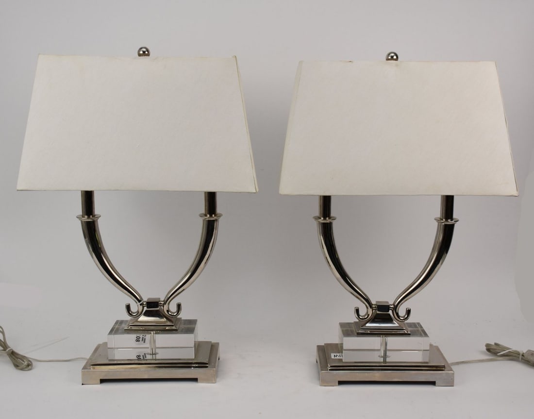 Pair Chrome Modern Double Branch Lamps, 24"h x 16"w (1 of 6)