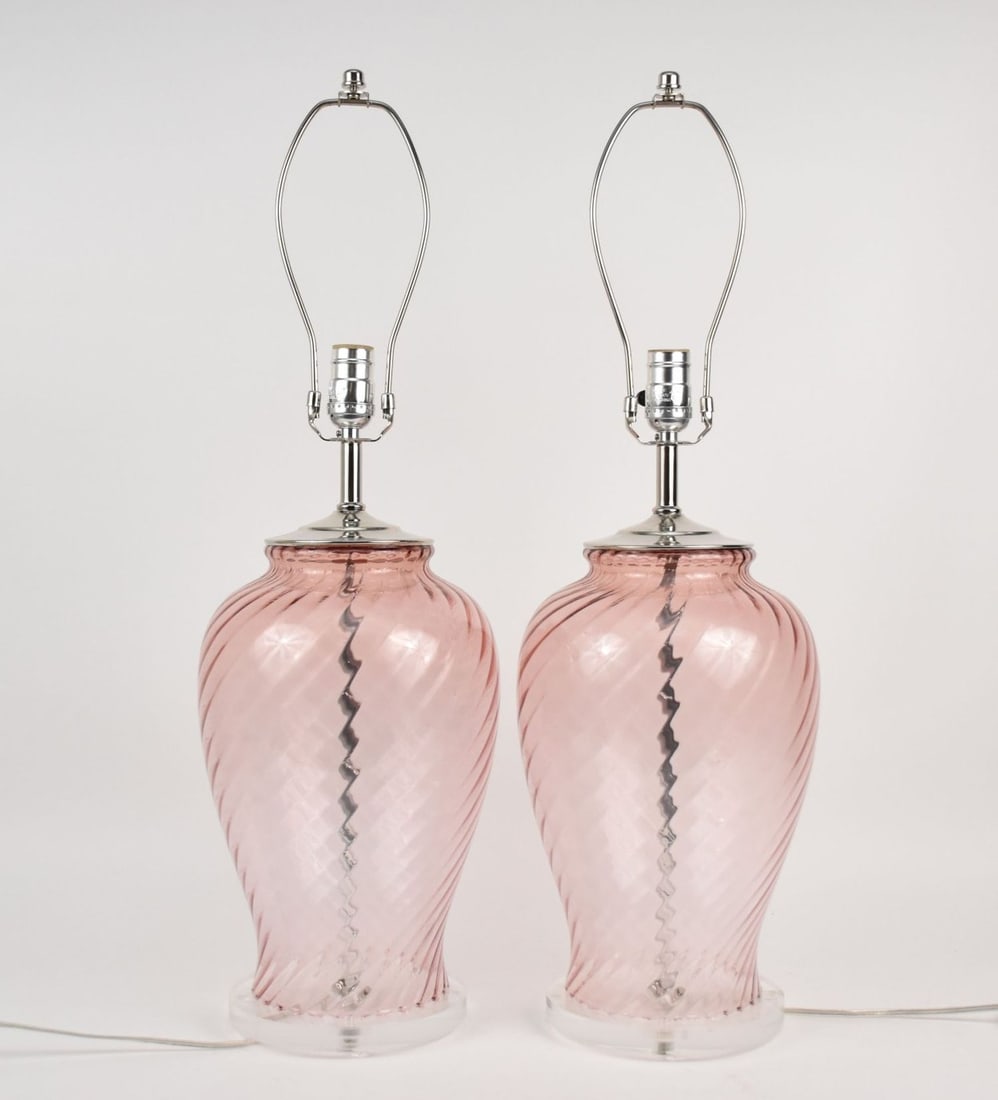 Pair Pink Glass Lamps on Lucite Bases: Pair Pink Glass Lamps on Lucite Bases