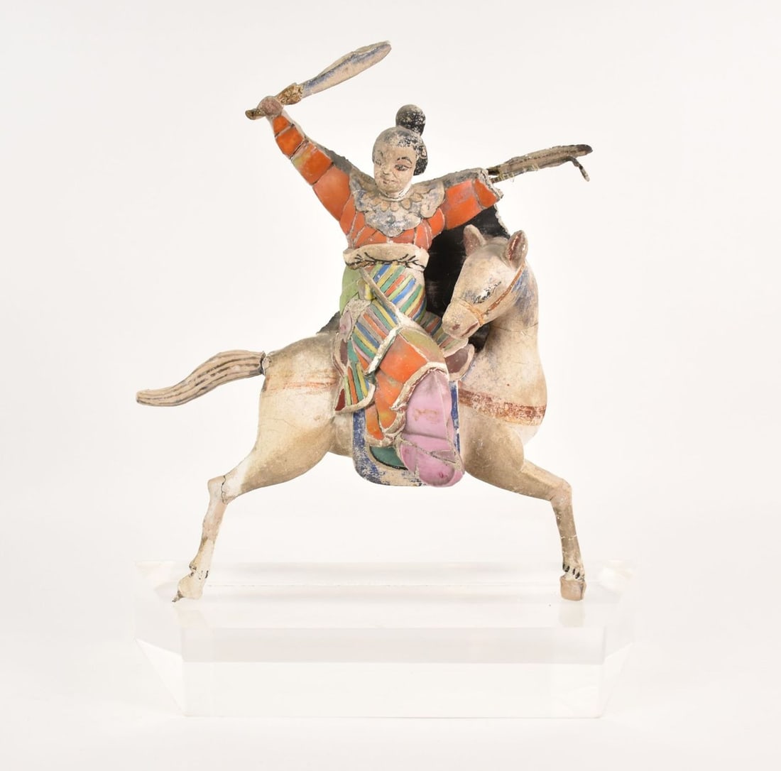 Chinese Roof Tile Figure Warrior on Horse - A polychrome composition depicting a horse back mounted (1 of 5)
